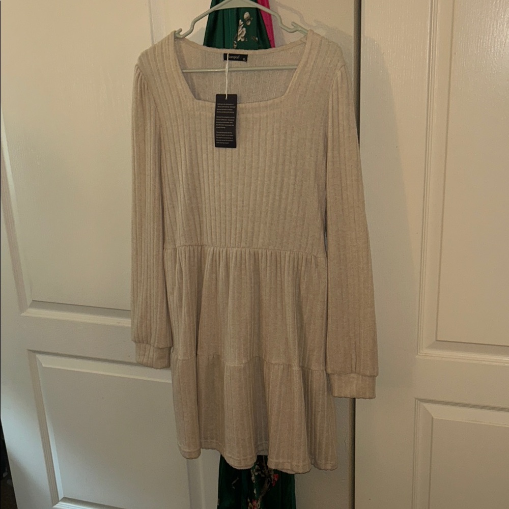 Ribbed Cream Tiered Long-Sleeve Dress